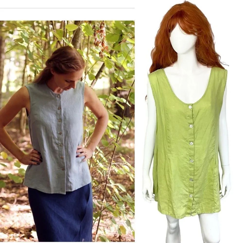 FLAX Green 100% Linen Button Up Boho Lagenlook Tunic Blouse Shirt 3G 24-26